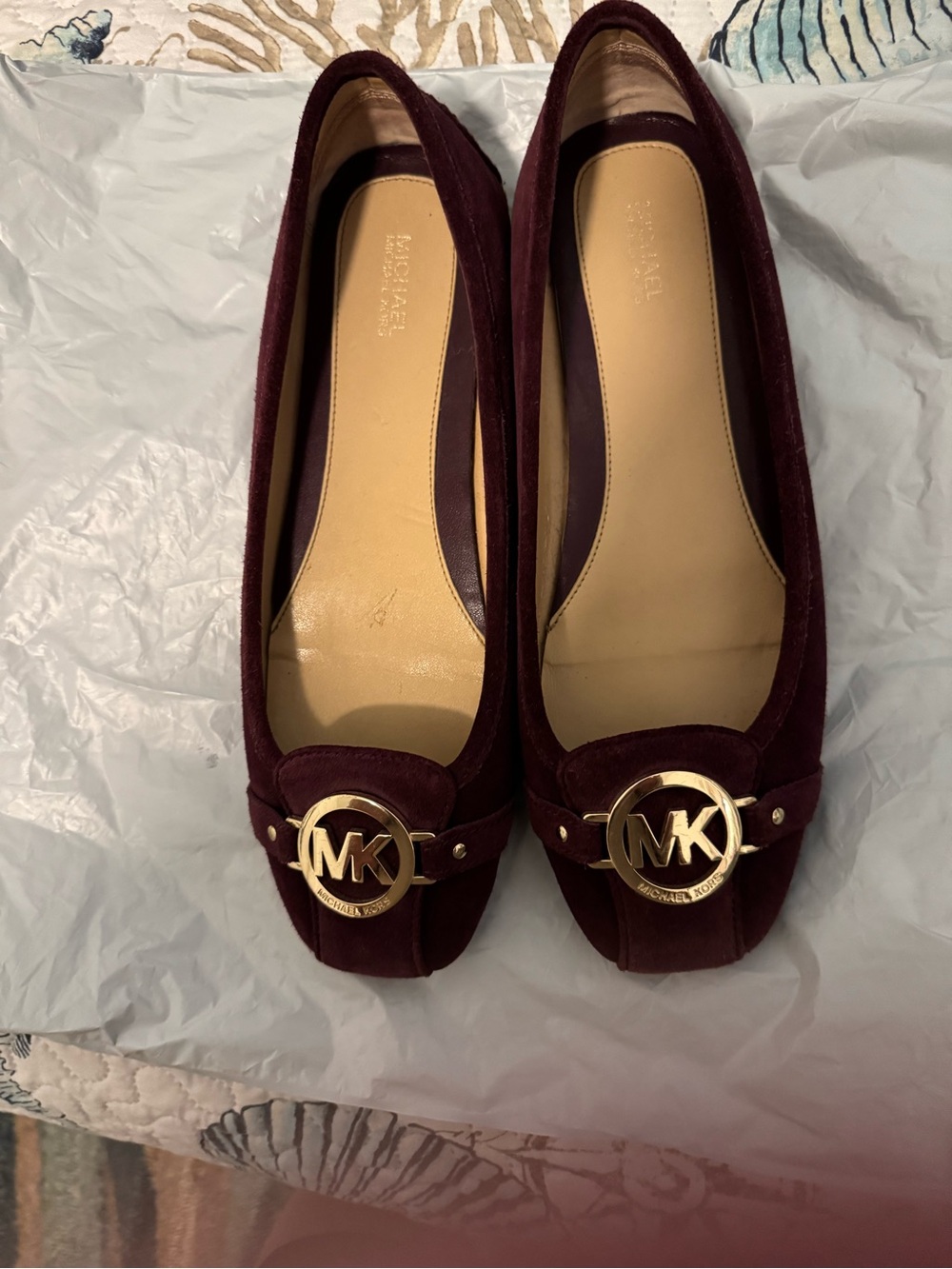 Michael Kors Burgundy Suede Logo Flats with Gold Hardware
